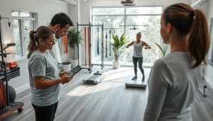 A well-lit sports therapy clinic interior, with a patient undergoing a comprehensive movement screening assessment. In the foreground, a physical therapist closely observing the patient's movements, taking notes on a tablet. The middle ground features a variety of specialized equipment, including resistance bands, balance boards, and motion capture cameras, all arranged in a clean, organized manner. The background showcases a serene, calming atmosphere with natural lighting streaming in through large windows, complemented by soothing plant life. The overall scene conveys a sense of professionalism, attention to detail, and a focus on injury prevention through thorough assessment and monitoring of the patient's movement patterns.