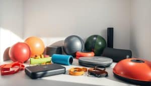 A well-lit studio setting showcasing an assortment of functional movement assessment tools, including resistance bands, exercise balls, foam rollers, and balance boards. The tools are arranged in a clean, minimalist layout, highlighting their purpose and functionality. Soft shadows create depth, while the overall lighting emphasizes the tools' textures and materials, such as the smooth surfaces of the balance boards and the pliable nature of the resistance bands. The camera angle is slightly elevated, providing a comprehensive view of the tools, allowing the viewer to appreciate their utility and how they might be used in a sports therapy or physiotherapy setting.