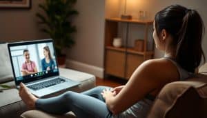 A well-lit telehealth physical therapy assessment session, captured in a warm, inviting atmosphere. A patient in comfortable athletic wear sits on a sofa, their laptop open in front of them, engaging in a video call with a physical therapist, who appears on the screen with a reassuring expression. The room is decorated with soothing colors and subtle plant life, creating a calming, professional environment conducive to a thorough evaluation. The camera angles, lighting, and lens focus emphasize the collaborative nature of the assessment, showcasing the therapist's attentive body language and the patient's engagement.