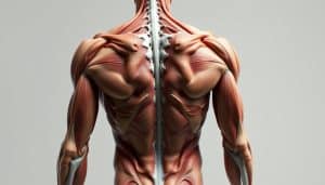 Detailed anatomical study of an athletic figure in a well-lit studio setting. Muscular male torso in a dynamic pose, showcasing the intricate networks of tendons, ligaments, and underlying musculature. Subjects positioned in natural lighting, captured from multiple angles to reveal the complex structures of the shoulders, arms, and core. Neutral background allows the subject to be the focal point, emphasizing the interplay of form and function in the human form. Realistic, high-resolution rendering with a sense of anatomical precision suitable for an educational context.