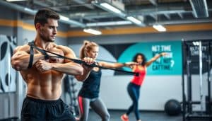 Detailed exercise therapy guidelines for Calgary athletes, captured in a beautifully lit, high-resolution photograph. In the foreground, a male athlete performs resistance band exercises, his muscles straining as he maintains perfect form. In the middle ground, a female athlete demonstrates dynamic stretching techniques, her fluid movements conveying the importance of flexibility. The background features a modern, well-equipped rehabilitation gym, with sleek exercise equipment and motivational wall graphics. The overall atmosphere is one of professionalism, expertise, and a dedication to helping Calgary's athletes reach their full potential through effective rehabilitation.