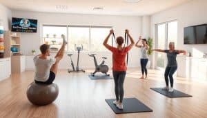 High-quality 3D render of several people performing different physical rehabilitation exercises in a bright, modern physical therapy clinic. The foreground features a person doing leg raises on a therapy ball, a person doing shoulder raises with resistance bands, and a person doing squats. The middle ground shows a person using a stationary bike and a person stretching on a mat. The background depicts a wall-mounted TV displaying exercise information, shelves with therapy equipment, and large windows letting in natural light. The overall scene conveys an atmosphere of health, wellness, and professional medical care.