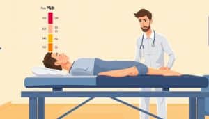 a digital illustration of a pain scale in a sports therapy setting, with a patient lying on a treatment table and a sports therapist evaluating their condition. The pain scale is prominently displayed, with clear numerical values and descriptive labels that convey the intensity of the patient's discomfort. The scene is well-lit, with warm tones and a clean, modern aesthetic. The therapist's expression is one of focused concentration, as they carefully interpret the pain scale to guide their treatment approach. The overall composition emphasizes the importance of accurately assessing and addressing the patient's pain for effective sports therapy.