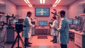 high-resolution, highly detailed scientific research movement analysis illustration, with figures in a modern laboratory setting, wearing white lab coats and conducting various motion capture tests on a subject, various scientific instrumentation and equipment in the background, including cameras, sensors, and computer monitors displaying analytics, warm lighting from overhead, clean, minimalist, clinical aesthetic, a sense of professionalism and scientific rigor