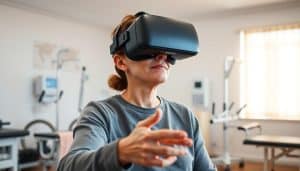 A VR patient in a comfortable, well-lit therapy room, surrounded by various rehabilitation equipment. The patient is immersed in a virtual environment, their eyes covered by a sleek VR headset, with their hands interacting with virtual objects. The room has a calming, modern atmosphere, with soft lighting and minimal decor, allowing the focus to remain on the patient's VR experience. The image conveys the benefits of VR for patient treatment, showcasing the technology's ability to provide an engaging, immersive, and personalized rehabilitation experience.