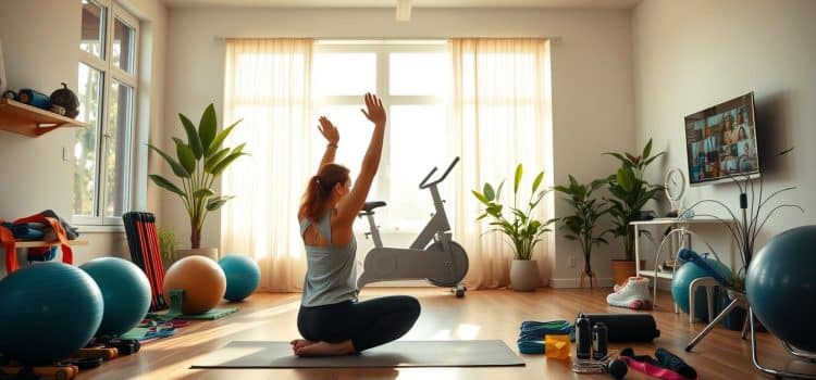 A bright, airy home physical therapy studio with warm, natural lighting streaming in through large windows. In the foreground, a person performing gentle stretches and exercises on a yoga mat, their form focused and serene. Surrounding them, an assortment of resistance bands, exercise balls, and other rehabilitation equipment neatly arranged. In the middle ground, a sleek, minimalist exercise bike and a wall-mounted display showing instructional videos. The background features soothing, pastel-toned walls, lush indoor plants, and a tranquil, calming atmosphere, inviting the viewer to envision their own at-home recovery journey.