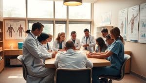 A bustling medical office, the care team gathered around a central conference table. Doctors, nurses, and therapists lean in, intently discussing patient progress and treatment plans. Warm lighting casts a professional glow, while large windows allow natural light to filter in, creating a collaborative atmosphere. The team's body language exudes focus and unity, as they work in seamless coordination to provide exceptional, personalized care. Detailed anatomical diagrams and progress charts adorn the walls, underscoring the multidisciplinary approach. An air of camaraderie and shared purpose permeates the scene, capturing the spirit of a cohesive care team in action.