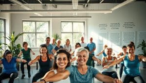 A bustling sports therapy clinic set against a backdrop of lush greenery, sunlight filtering through the windows. In the foreground, a diverse group of patients engaged in various rehabilitation exercises, their faces alight with determination and joy. The middle ground showcases a team of dedicated professionals guiding and supporting the patients, their expertise and compassion palpable. In the background, inspirational success stories adorn the walls, each one a testament to the transformative power of Riverside Sports Therapy's multidisciplinary approach. The scene radiates a sense of progress, community, and the pursuit of holistic well-being.