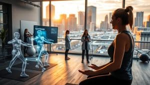 A busy sports therapy clinic in Calgary, Canada. In the foreground, a patient undergoing a dynamic exercise routine, their movements captured in multiple transparent overlays, visualizing the variability in their execution. In the middle ground, a team of therapists analyzing data on a large holographic display, discussing the implications of this variability on the patient's recovery. The background features the iconic Calgary skyline, bathed in warm, golden hour lighting, conveying a sense of progress and optimism. The scene is rendered with a cinematic depth of field, emphasizing the interplay between the individual, the medical professionals, and the city environment.