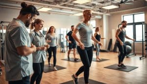 A busy sports therapy clinic in Calgary, with patients undergoing various movement assessments. In the foreground, a physiotherapist closely observing a patient's gait, analyzing their movement variability. In the middle ground, other patients performing balance exercises, their limbs in dynamic motion. The background features state-of-the-art equipment and a soothing, minimalist interior design. Warm, natural lighting illuminates the scene, creating a sense of professionalism and care. The overall atmosphere conveys the importance of understanding movement patterns to provide effective sports therapy.