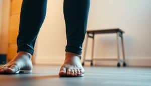 A close-up view of a person performing a sports therapy exercise, captured with a high-resolution DSLR camera and a wide-angle lens. The foreground shows the individual's lower body and feet, showcasing the intricate movements and muscle engagement involved in the task. The middle ground focuses on the person's torso, highlighting the controlled and precise motions. The background is blurred, creating a sense of depth and emphasizing the subject. The lighting is soft and diffused, creating a warm and calming atmosphere that accentuates the therapeutic nature of the scene. The overall composition conveys the importance of understanding movement variability in sports therapy practices in Calgary.