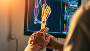 A close-up view of a sports therapist's hands conducting a motion analysis on a patient's limb, displayed on a high-resolution computer screen. The screen shows a detailed 3D model of the limb's movement patterns, highlighted with vibrant color-coded visualizations. The scene is bathed in warm, directional lighting, casting subtle shadows that emphasize the depth and texture of the equipment. The background is blurred, keeping the focus on the analysis display and the therapist's hands, conveying a sense of precision and expertise in the field of movement variability assessment.