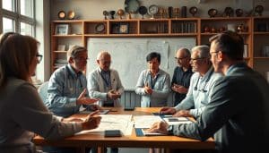 A collaborative team of sports therapists, coaches, and experts from diverse disciplines gather around a table, engaged in a dynamic discussion. The scene is illuminated by warm, natural lighting, casting a contemplative mood. In the foreground, the therapists gesture animatedly, their expressions focused as they share insights and ideas. The middle ground features a whiteboard filled with diagrams and notes, reflecting the interdisciplinary nature of the collaboration. In the background, shelves of reference materials and awards suggest the depth of expertise in the room. The overall atmosphere conveys a sense of collective problem-solving and a commitment to excellence in sports therapy decision-making.