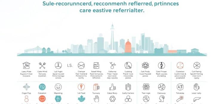 A detailed illustration showcasing government-recommended care protocols for sports therapy referrals in Calgary. The foreground depicts a series of icons and pictograms representing various medical services and treatment options, arranged in a clean, organized layout. The middle ground features a cityscape of Calgary's landmarks, conveying a sense of local relevance. The background is a subtly-textured, calming gradient, creating a professional, informative atmosphere. The lighting is soft and evenly distributed, with a slight emphasis on the foreground elements. The overall composition is balanced, with a focus on clarity and easy-to-understand visual information.
