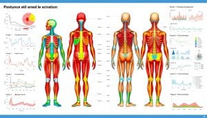 A detailed medical diagram showcasing the science behind postural assessment. Set against a clean, white background, the image features a central, anatomically accurate human figure in various views - frontal, side, and rear. Highlighted with vibrant colors are the key musculoskeletal structures, joints, and spinal alignment that are analyzed during a postural evaluation. Surrounding the central figure are complementary diagrams, graphs, and visualizations that illustrate the biomechanical principles, postural measurement techniques, and data analysis methods utilized by expert therapists. The overall composition conveys a sense of clinical precision and evidence-based practice, ideal for educating readers on the scientific foundations of postural assessment.