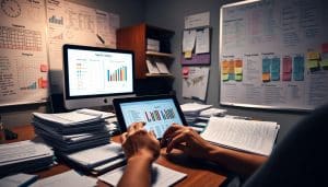 A dimly lit office, the soft glow of a computer screen illuminating a cluttered desk. On the surface, stacks of medical records, clipboards, and a tablet displaying sports injury data. In the foreground, a pair of hands meticulously organizing and cataloging the information, capturing the nuances of each case. The walls are lined with whiteboards covered in charts, graphs, and color-coded notes, painting a comprehensive picture of the local sports injury landscape. A sense of diligence and attention to detail permeates the scene, reflecting the careful data collection process at the heart of this epidemiological study.