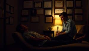 A dimly lit therapy room, the walls adorned with diplomas and certificates. In the foreground, a patient reclining on a chaise lounge, their expression one of deep contemplation. The therapist, sitting nearby, leans forward with an air of empathetic understanding, their gaze fixed intently on the patient. Soft, warm lighting casts subtle shadows, creating an atmosphere of introspection and psychological exploration. The scene is captured through a medium format lens, emphasizing the intimate, almost cinematic nature of the interaction between patient and therapist.