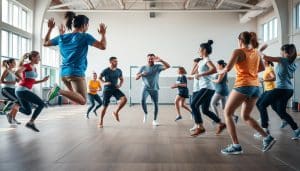 A diverse ensemble of individuals demonstrating a range of dynamic physical literacy movement skills. In the foreground, a group of athletes performing agile jumping, hopping, and skipping exercises, their bodies in fluid motion against a softly blurred background. In the middle ground, a coach guiding participants through fundamental movement patterns like balancing, twisting, and reaching. The background depicts a well-equipped sports training facility, filled with natural light and a sense of open, airy spaciousness. The overall scene conveys an atmosphere of focused dedication, collaborative learning, and the joy of physical exploration.
