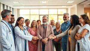 A diverse group of healthcare professionals standing together, bridging the gap between traditional and holistic approaches. In the foreground, a physician, physical therapist, and mental health counselor collaborate, their hands joined symbolically. In the middle ground, patients of various ages and backgrounds receive integrated care, their expressions reflecting renewed hope. The background depicts a modern, well-equipped medical facility with large windows letting in warm, natural light, conveying a sense of openness and progress. The scene evokes a harmonious, multidisciplinary approach to healthcare, where specialized expertise and personalized attention converge to address the whole person.