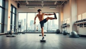 A dynamic athlete performing a precise motor control exercise in a modern athletic training facility in Calgary. In the foreground, a focused individual balances on one leg, their body taut with controlled muscle engagement. The middle ground showcases training equipment like balance boards and stability balls, hinting at the specialized nature of the workout. The background depicts a well-lit, minimalist gym space with sleek, contemporary architecture and floor-to-ceiling windows offering glimpses of the city skyline outside. Warm, directional lighting casts subtle shadows, emphasizing the athlete's form and the overall sense of intentional, measured movement.