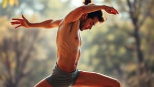 A dynamic figure in a yoga pose, their body radiating strength and flexibility. Soft natural lighting gently illuminates toned muscles and limbs in graceful motion. The background blurs into a serene, nature-inspired setting, evoking a sense of balance and mindfulness. The pose emphasizes the connection between physical power and fluid movement, captured with a keen eye for detail and composition. This image captures the essence of targeted strength and flexibility, inspiring viewers to cultivate their own athletic potential.