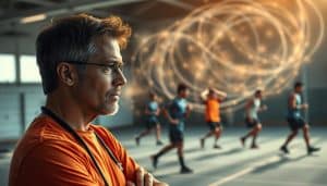 A dynamic, multifaceted scene of adaptive decision strategies in sports training. In the foreground, a sports therapist navigates a complex decision-making process, analyzing data and weighing options with a thoughtful expression. The middle ground features athletes engaged in varied training activities, each requiring nuanced adjustments to their routines. In the background, a hazy, abstract visualization of uncertainty and complexity, represented by swirling, ethereal patterns of light and shadow. The scene is bathed in a warm, contemplative lighting, conveying the gravity and importance of the decision-making framework. Captured with a wide-angle lens to emphasize the interconnected, multidimensional nature of the subject matter.