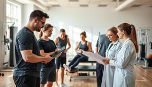 A dynamic sports therapy team collaborating in a well-lit, airy studio setting. In the foreground, physiotherapists and athletic trainers engaged in in-depth discussions, referring to patient charts and examining equipment. In the middle ground, athletes undergoing various rehabilitation exercises under the watchful eyes of the practitioners. The background features state-of-the-art therapy equipment, with a soothing, natural color palette and an atmosphere of focused professionalism. Subtle visual cues suggest open communication, shared knowledge, and a multidisciplinary approach to patient care.