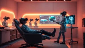 A futuristic VR therapy suite, bathed in a warm, calming glow. In the foreground, a patient reclines on a sleek, ergonomic chair, immersed in a virtual world displayed on a high-resolution VR headset. Nearby, a clinician monitors their progress on a holographic dashboard, adjusting parameters with a gesture-controlled interface. The background showcases the evolution of VR technology, from bulky, tethered headsets to lightweight, wireless models, each representing a milestone in the field of virtual rehabilitation. The scene exudes a sense of innovation, empowerment, and the seamless integration of cutting-edge technology with personalized therapeutic care.