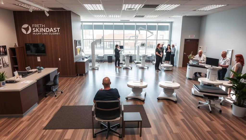 A modern, well-equipped injury care clinic in Calgary, Alberta. In the foreground, a welcoming reception area with comfortable seating and ergonomic furniture. Patients consult with friendly staff at the front desk. In the middle ground, various diagnostic imaging equipment, including digital X-ray and ultrasound machines, positioned in clean, bright examination rooms. In the background, a team of dedicated physiotherapists and sports medicine specialists collaborating to develop personalized treatment plans. Natural light filters in through large windows, creating a warm, inviting atmosphere. The clinic's branding and decor reflect a focus on patient-centered care and the latest advancements in sports injury management.