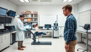 A neatly organized laboratory setting with state-of-the-art equipment and instruments. In the foreground, a researcher intently observing a subject performing a series of coordinated movements on a specialized sensorimotor training device. The middle ground showcases various monitoring systems, data visualization screens, and diagnostic tools. The background features a clean, well-lit space with shelves of scientific journals, reference materials, and a whiteboard displaying complex diagrams and equations related to motor learning and neural plasticity. The scene conveys a sense of focused research, scientific rigor, and the pursuit of understanding the intricate mechanisms underlying sensorimotor training and its applications.