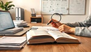 A neatly organized office desk with an open book, a laptop, and a pen. In the foreground, scientific research papers and medical journals are stacked neatly. In the middle ground, a pair of hands holding a magnifying glass carefully examining a diagram. The background features a wall-mounted whiteboard with notes and diagrams on evidence-based strategies. Soft, warm lighting illuminates the scene, creating a contemplative, scholarly atmosphere. The overall composition conveys a sense of diligence, attention to detail, and a commitment to using data-driven approaches.
