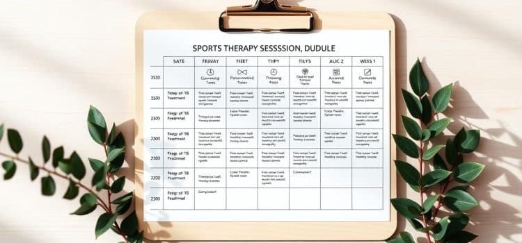 A neatly organized weekly sports therapy session schedule, with adjustable blocks for different treatments and activities. The schedule is displayed on a minimalist, light-colored wooden clipboard or desk surface, surrounded by a calming, natural atmosphere. The layout features clean typography, icons, and color-coded sections for easy reference. Soft, diffused lighting casts gentle shadows, creating a professional yet approachable aesthetic. The overall composition conveys a sense of structured guidance and personalized care for the patient's rehabilitation journey.