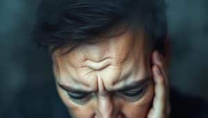 A person experiencing chronic musculoskeletal pain, captured in a close-up portrait. The subject's face is etched with discomfort, brow furrowed, eyes downcast. Surrounding the head, a hazy, atmospheric backdrop suggests the debilitating nature of the condition, with muted tones and a sense of constriction. The lighting is soft and diffused, casting subtle shadows that accentuate the tension in the subject's features. The overall mood is one of introspection and the struggle to endure persistent physical discomfort.