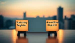 A professional comparison of two distinct regulatory registers, illuminated by warm, diffused lighting and captured from a slightly elevated perspective. In the foreground, two stylized icons representing the "Statutory Register" and "Accredited Register" stand in contrast, their design and color palette evoking a sense of authority and legitimacy. The middle ground showcases a clean, minimalist layout, allowing the key details of each register to be easily discerned. The background features a subtle, blurred cityscape, hinting at the broader regulatory landscape in which these registers operate. The overall composition conveys a sense of balance, professionalism, and the nuanced differences between these important regulatory frameworks.