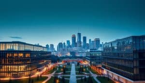 A serene cityscape of Calgary, with the striking skyline in the background. In the foreground, a series of modern, glass-enclosed buildings representing the city's healthcare oversight systems. Clean lines, a minimalist aesthetic, and an air of efficiency and professionalism. The buildings are illuminated by warm, directional lighting, casting subtle shadows and highlighting the architectural details. In the middle ground, a network of pathways and manicured greenery, symbolizing the interconnectedness of the regulatory landscape. The overall mood is one of order, transparency, and a commitment to upholding the highest standards of healthcare in the city.