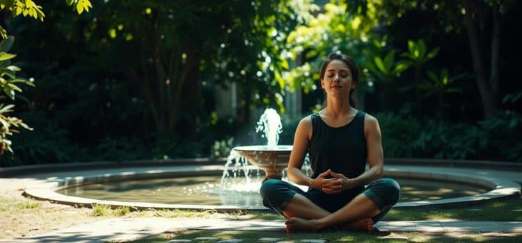 A serene, contemplative scene set in a tranquil, sun-dappled garden. In the foreground, a person sits cross-legged, eyes closed, deep in thoughtful meditation. Their expression radiates a sense of inner calm and focus. In the middle ground, a small fountain gently cascades, its soothing sounds accentuating the peaceful atmosphere. The background features lush, verdant foliage, with dappled light filtering through the leaves, creating a soft, ethereal ambiance. The overall mood is one of introspection, balance, and the ethical decision-making process unfolding within a serene, natural setting.