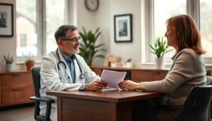 A serene medical office setting, with a doctor and patient engaged in a thoughtful discussion. The doctor's expression conveys care and attentiveness, while the patient's body language suggests trust and understanding. The room is well-lit, with soft, diffused lighting from large windows, creating a warm and inviting atmosphere. The doctor and patient are seated at a sturdy, wooden desk, a document between them symbolizing the process of informed consent. The background features subtle, calming decor, such as potted plants and framed artwork, reinforcing the sense of professionalism and patient-centered care.