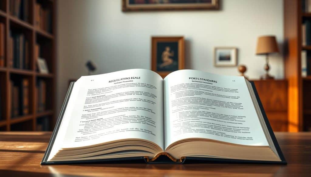 A serene office setting with an open book on a wooden desk, showcasing regulatory standards and legal frameworks for rehabilitation practices. Soft, natural lighting illuminates the scene, creating a sense of professionalism and expertise. The background features bookshelves and subtle wall decor, conveying a well-organized and authoritative environment. The focus is on the open book, its pages displaying guidelines, regulations, and best practices for sports therapy, reflecting the "Overview of Regulatory and Legal Standards" section of the article.