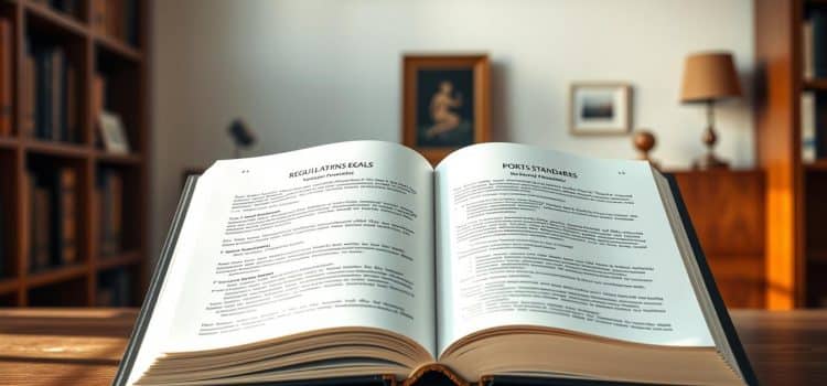 A serene office setting with an open book on a wooden desk, showcasing regulatory standards and legal frameworks for rehabilitation practices. Soft, natural lighting illuminates the scene, creating a sense of professionalism and expertise. The background features bookshelves and subtle wall decor, conveying a well-organized and authoritative environment. The focus is on the open book, its pages displaying guidelines, regulations, and best practices for sports therapy, reflecting the "Overview of Regulatory and Legal Standards" section of the article.