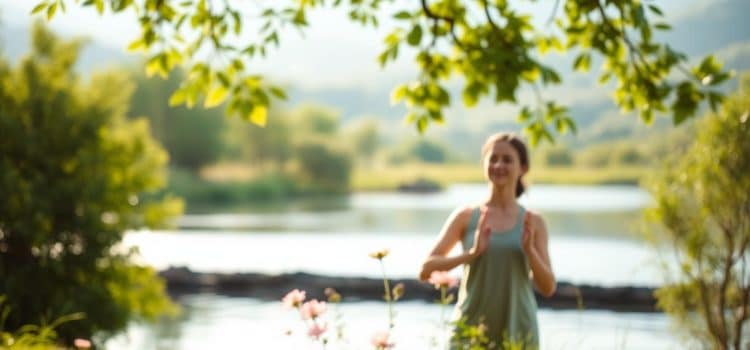 A serene outdoor scene with a person practicing yoga or meditation, surrounded by lush greenery and a calming body of water. The lighting is soft and diffused, creating a tranquil atmosphere. In the foreground, the person's expression conveys a sense of peace and mindfulness. In the middle ground, there are subtle visual cues, such as flowers or other natural elements, that symbolize the benefits of mental health. The background features a picturesque landscape, with rolling hills or mountains, further emphasizing the restorative power of nature. The overall composition evokes a sense of balance, harmony, and the positive impact of mental wellness on one's quality of life.
