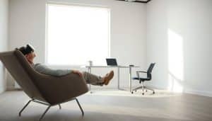 A serene virtual reality therapy session in a tranquil, minimalist setting. In the foreground, a person wearing a VR headset reclines on a comfortable lounge chair, their gaze focused inward as they engage with the immersive digital environment. Soft, diffused lighting bathes the scene, creating a soothing atmosphere. The middle ground features a sleek, modern desk with a tablet or laptop, suggesting the therapist's monitoring and control station. In the background, clean white walls and a large window provide a calming, nature-inspired ambiance, hinting at the restorative potential of this VR-based rehabilitation experience.