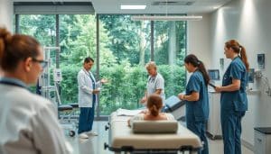 A serene, well-equipped medical facility with state-of-the-art rehabilitation equipment. In the foreground, a team of healthcare professionals, including physical therapists, occupational therapists, and nurses, collaborating to develop a personalized treatment plan for a patient. The middle ground showcases the patient actively engaged in various exercises and therapies, their progress monitored by the attentive team. In the background, a calming, natural environment with lush greenery and soothing lighting, creating a tranquil atmosphere conducive to healing and recovery. The overall scene conveys a comprehensive, multidisciplinary approach to healthcare, where the patient's well-being is the top priority.