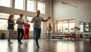 A serene, well-equipped physical therapy clinic, bathed in warm, natural lighting filtering through large windows. In the foreground, a patient confidently navigates a series of balance exercises, their movements precise and purposeful. Surrounding them, a team of dedicated healthcare professionals – physiotherapists, occupational therapists, and sports medicine experts – collaborate closely, monitoring progress and adjusting treatment plans. In the background, a welcoming reception area and inviting lounge suggest a holistic, patient-centric environment. The overall atmosphere conveys a sense of empowerment, recovery, and the transformative benefits of a multidisciplinary approach to sports therapy and rehabilitation.
