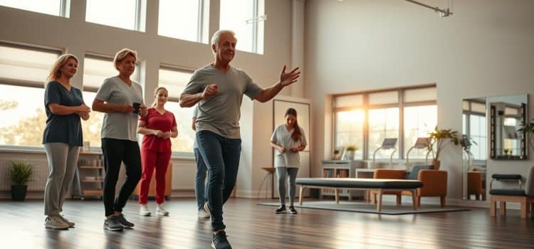 A serene, well-equipped physical therapy clinic, bathed in warm, natural lighting filtering through large windows. In the foreground, a patient confidently navigates a series of balance exercises, their movements precise and purposeful. Surrounding them, a team of dedicated healthcare professionals – physiotherapists, occupational therapists, and sports medicine experts – collaborate closely, monitoring progress and adjusting treatment plans. In the background, a welcoming reception area and inviting lounge suggest a holistic, patient-centric environment. The overall atmosphere conveys a sense of empowerment, recovery, and the transformative benefits of a multidisciplinary approach to sports therapy and rehabilitation.