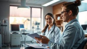 A serene, well-lit medical office with warm, natural lighting filtering through large windows. In the foreground, a healthcare professional reviews personalized treatment plans with a patient, their faces conveying a sense of collaboration and understanding. In the middle ground, various medical instruments and equipment suggest a multidisciplinary approach to care. The background features modern, minimalist decor that exudes a calming, professional atmosphere, inviting a sense of trust and comfort.