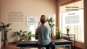 A serene, well-lit sports therapy clinic interior. In the foreground, a patient sits comfortably on an examination table, surrounded by empowering visuals showcasing their rights, including a Hippocratic Oath-inspired pledge and a patient's bill of rights. The middle ground features a caring sports therapist explaining treatment options, their body language and facial expression conveying compassion and a commitment to patient-centered care. The background depicts soothing earth-toned decor, with plants and natural lighting creating a calming, therapeutic atmosphere that instills a sense of trust and well-being.