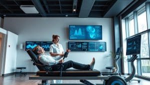 A sleek, modern rehabilitation center with state-of-the-art technology seamlessly integrated into the space. The foreground features a patient undergoing sensorimotor training on a specialized piece of equipment, with a friendly therapist guiding them. In the middle ground, various digital displays showcase real-time biofeedback and performance metrics, while the background showcases a clean, minimalist design with natural lighting filtering in through large windows. The overall atmosphere conveys a sense of innovation, efficiency, and a focus on personalized, technology-driven rehabilitation.