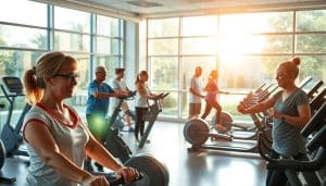 A spacious rehabilitation center, bathed in warm, natural light streaming through large windows. In the foreground, a group of patients engage in various cardio exercises on state-of-the-art equipment, their expressions focused and determined. The middle ground features a team of attentive physical therapists, offering guidance and encouragement. In the background, a serene garden view provides a calming backdrop, promoting a sense of holistic well-being. The scene conveys a harmonious blend of medical expertise, patient commitment, and the restorative power of the environment, all working together to improve cardiorespiratory fitness during the rehabilitation process.