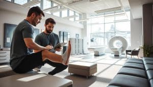 A spacious sports therapy clinic in Calgary, AB, with ample natural light streaming through large windows. In the foreground, a physiotherapist examines an athlete's injured ankle using a digital tablet, employing evidence-based assessment techniques. The middle ground showcases state-of-the-art diagnostic imaging equipment, including an X-ray machine and an MRI scanner, reflecting the clinic's commitment to comprehensive injury care. The background features a serene, modern waiting area with comfortable seating, conveying a sense of professionalism and patient-centric care. The overall atmosphere is one of calm, reassurance, and a focus on data-driven rehabilitation.