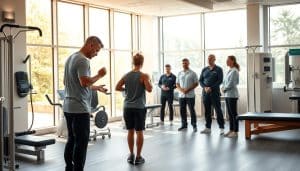 A spacious sports therapy clinic, with floor-to-ceiling windows bathed in warm natural light. In the foreground, a skilled physical therapist guides a patient through a series of specialized exercises, their movements captured in crisp detail by a high-resolution camera lens. The middle ground showcases various rehabilitation equipment, including state-of-the-art technology and hands-on modalities, all arranged in a clean, organized manner. In the background, the clinic's team of experts, each with their own area of specialized expertise, collaborates to develop a tailored treatment plan, their faces expressions conveying the depth of their knowledge and dedication.